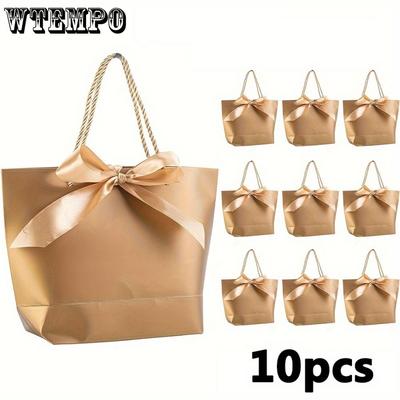 10pcs Golden Gift Bags Small Gift Bags with Handles Party Favor Bags with Golden Bow Ribbon Paper Gift Bags Bulk for Christmas Wedding Bridesmaid