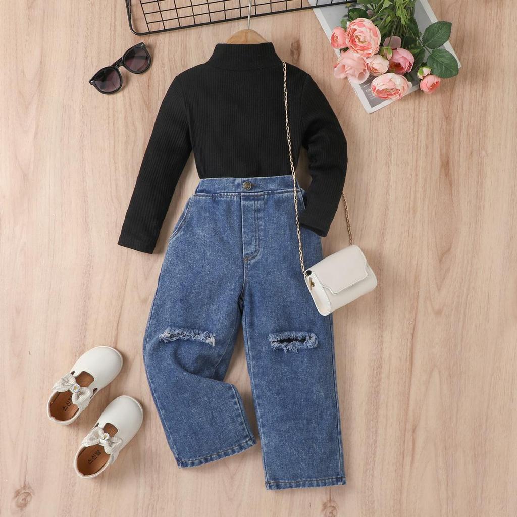 Herbst- und Winter-Kinder einfarbiger langärmliger Pullover und Jeans