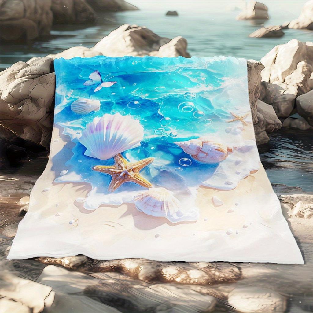 Blue Ocean Shell Print Flannel Blanket Soft Lightweight for Sofa Travel Office Bed, Nice Home Gift