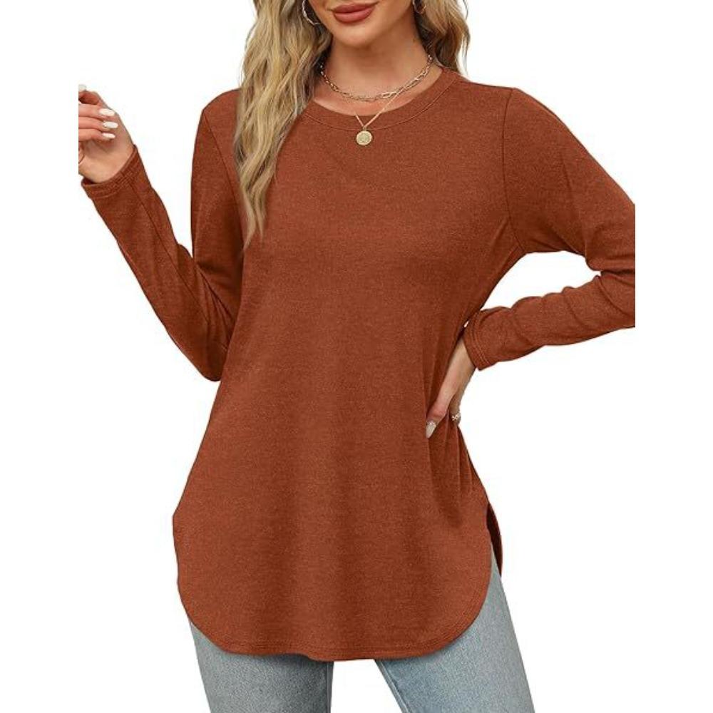 Women's O Neck Long Sleeve Tunic Top Solid Color Casual Loose Curved Hem T Shirt