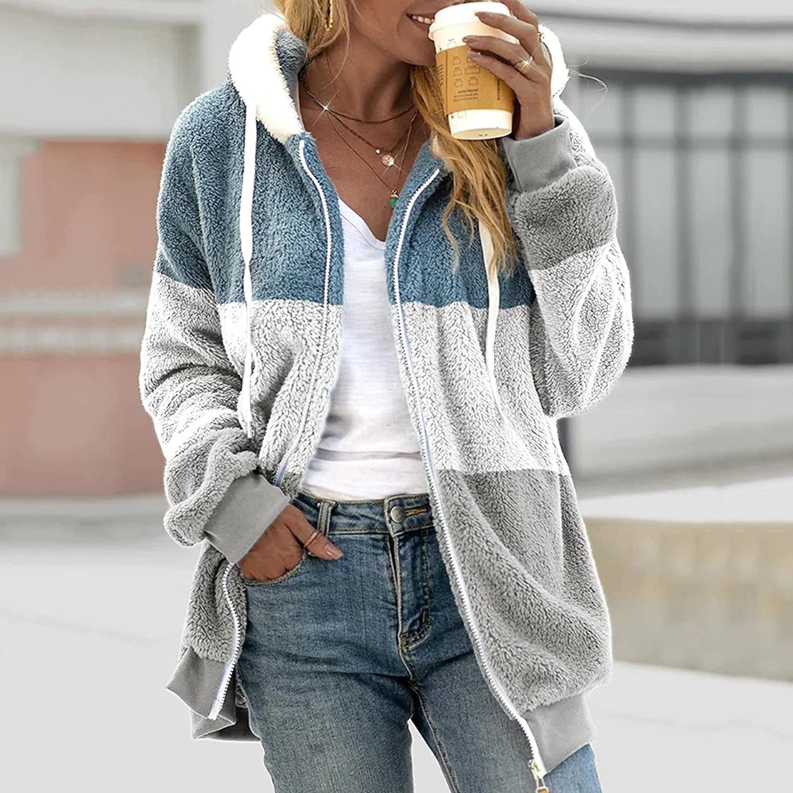 

Женская свободная плюшевая куртка большого размера с разноцветными панелями на молнии с капюшоном XL