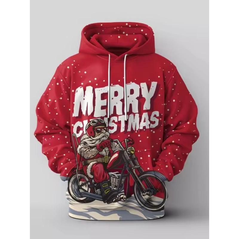 Holiday Santa Print Hoodie for Men, Diverse Christmas Figure and Snowflake Scene Pattern Full Graphic Loose Pullover, Perfect for Outdoor Trips