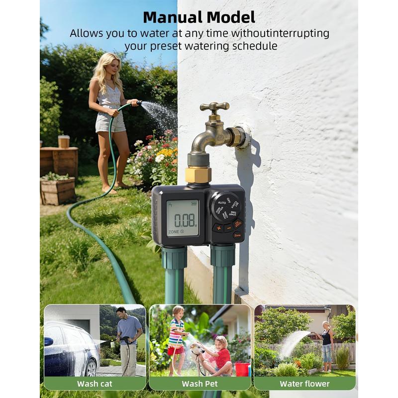 Sprinkler Timer 2 Zone Water Timer for Garden Hose, Auto/Manual/Delay Irrigation Controller, Brass Inlet, IPX6 Waterproof