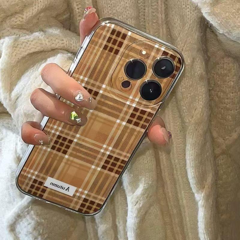 Brown striped grid applies to Apple 16promax mobile phone case 15plus creative 14 advanced sense 13pro personality X