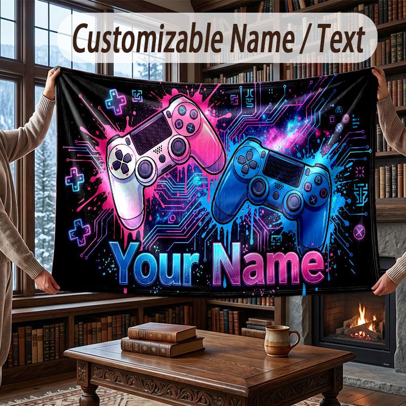 Game Controller Theme Throw Blanket Custom Name Text Personalized Blanket Soft Cozy Blanket for Home Sofa Bed