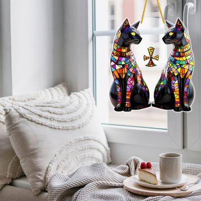 Black Cat Sun Catcher 2D Acrylic Hanging Decoration Stained Glass Style Multicolor Cat Decoration for Room Window Balcony