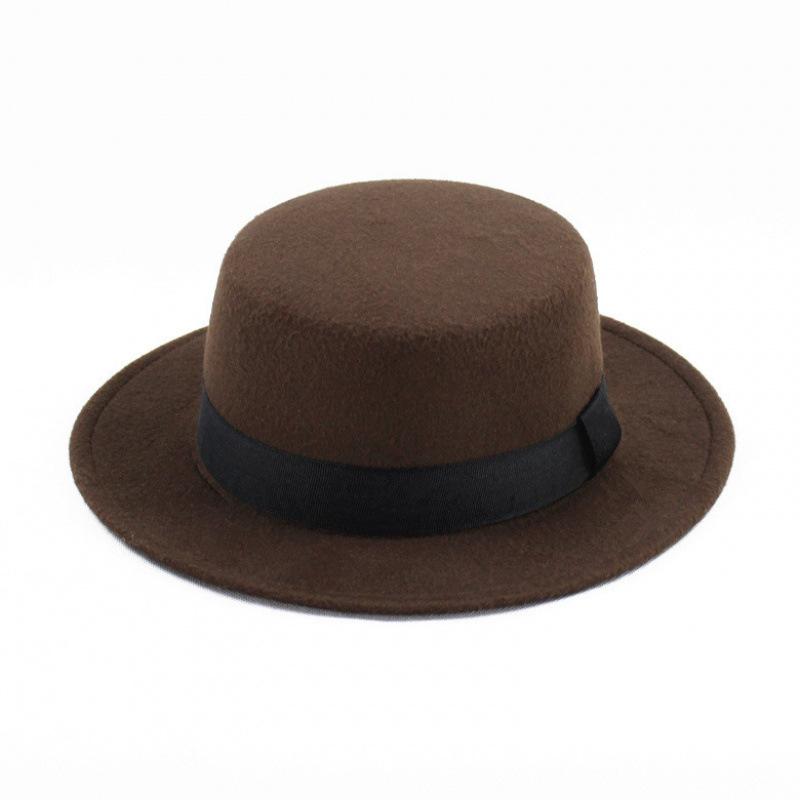Hat Women's Woolen Top Hat Autumn and Winter Black Retro Gentleman British Style Flat Top Bow Top Hat Felt Hat