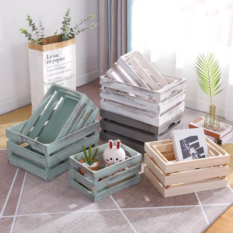 Retro Distressed Wooden Slat Storage Box for Display and Decor