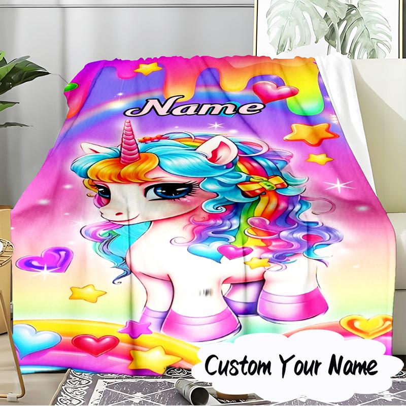 Custom Name Rainbow Unicorn Dream Blanket  Ideal Bedding Blanket Perfect for Travel, Camping, Living Rooms, Offices, Sofas, Fan Christmas Gift