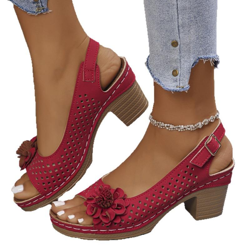 Large size high-heeled sandals women's summer independent station new hollow flower fish mouth one-word buckle with Velcro sandals