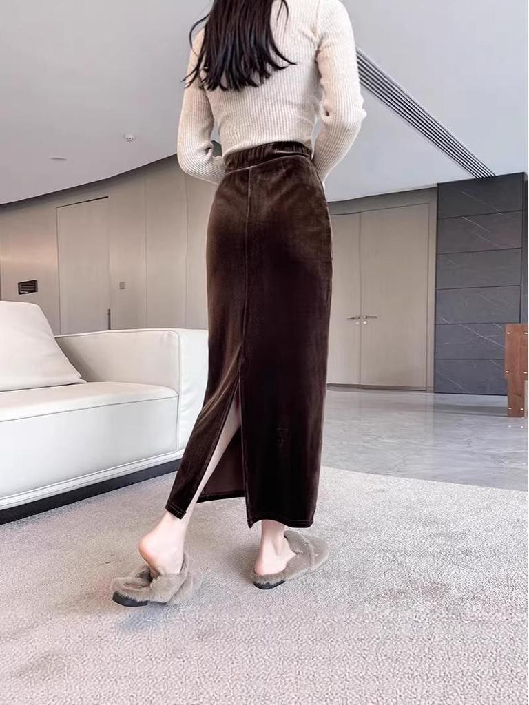 Elegantes Schwarz-Gold Samt Damenrock - Frühling/Herbst 2026, Mittellang High-End Schlitz Design