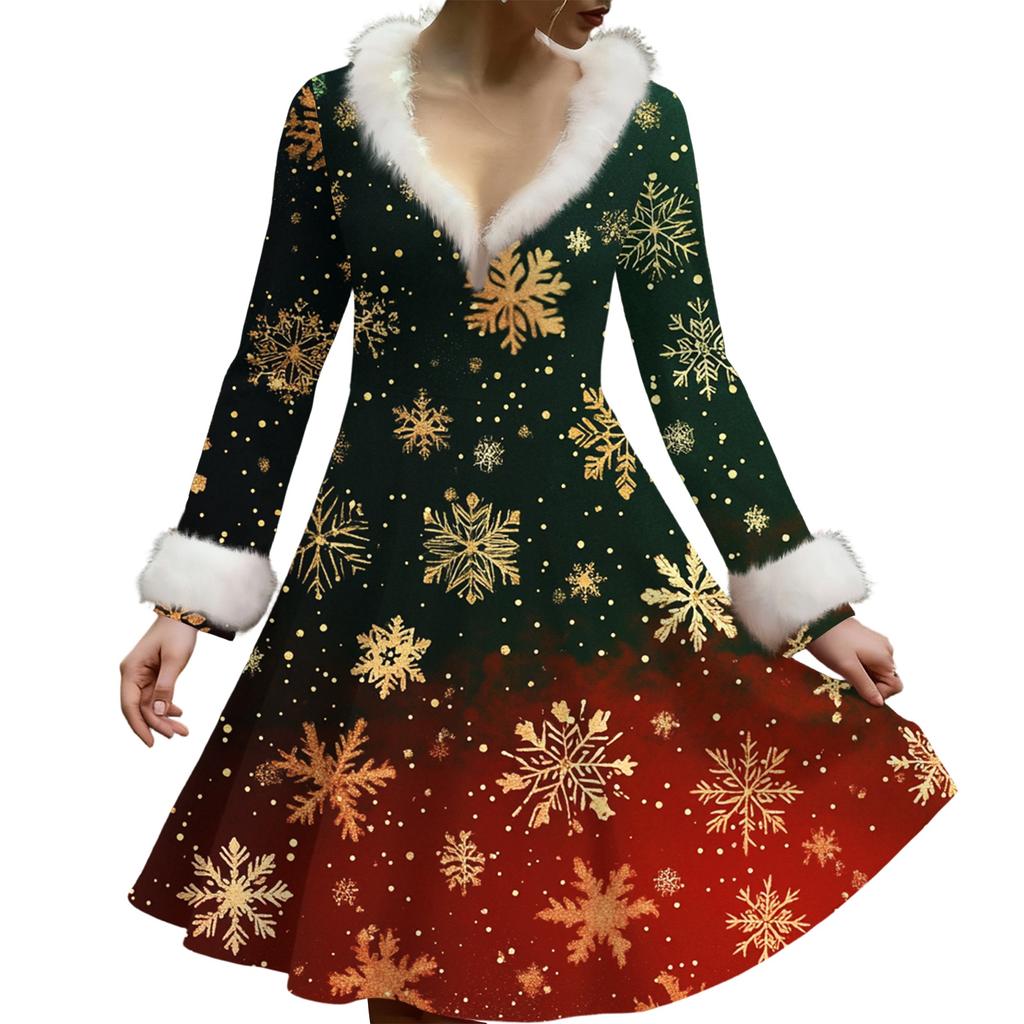 Women's Casual V-neck Christmas Print Plush Long-Sleeve Casual Dress