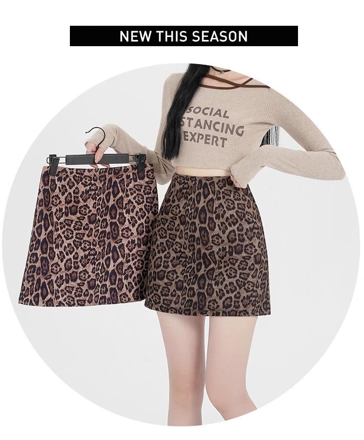 Suede Leopard Print A-line Midi Skirt for Women - Autumn/Winter 2024 Collection