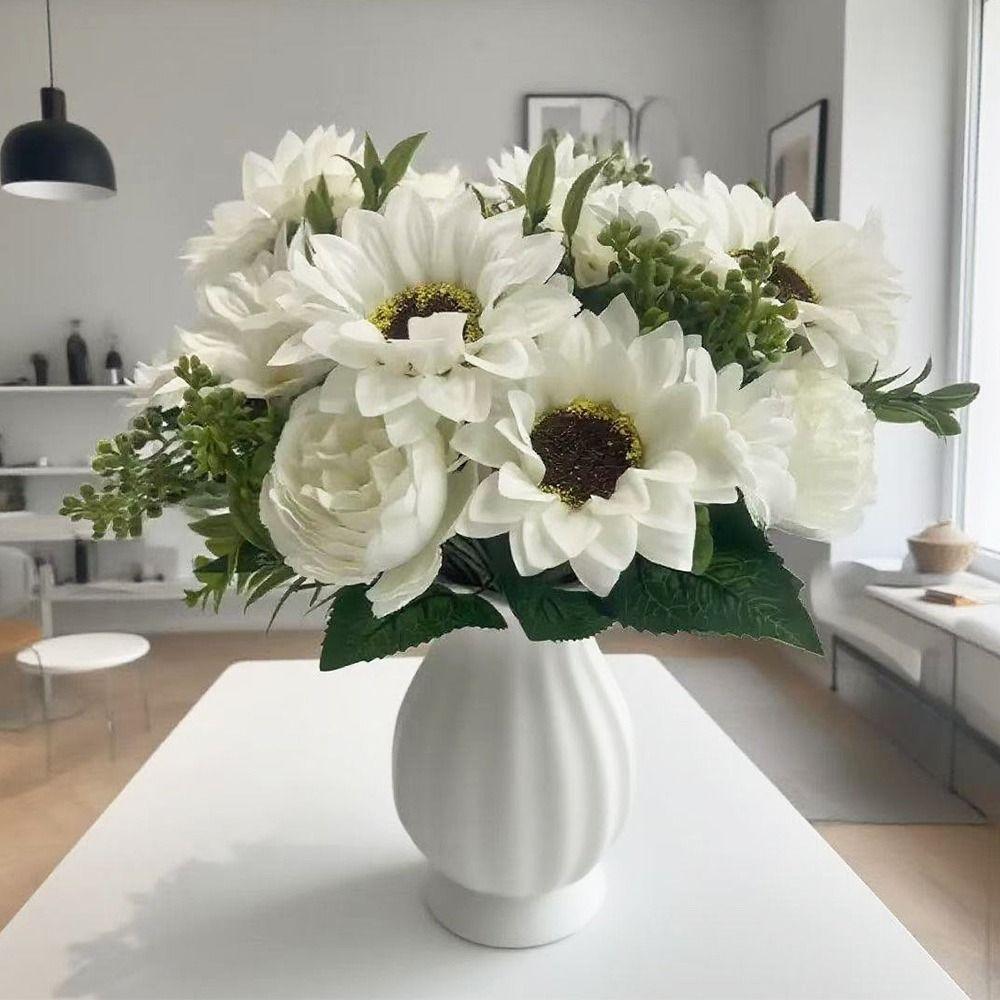 Multicolor Sunflower Artificial Flower Green Leaves DIY Faux Daisy Peony Flower Photo Props Accessories Simulation Sunflower