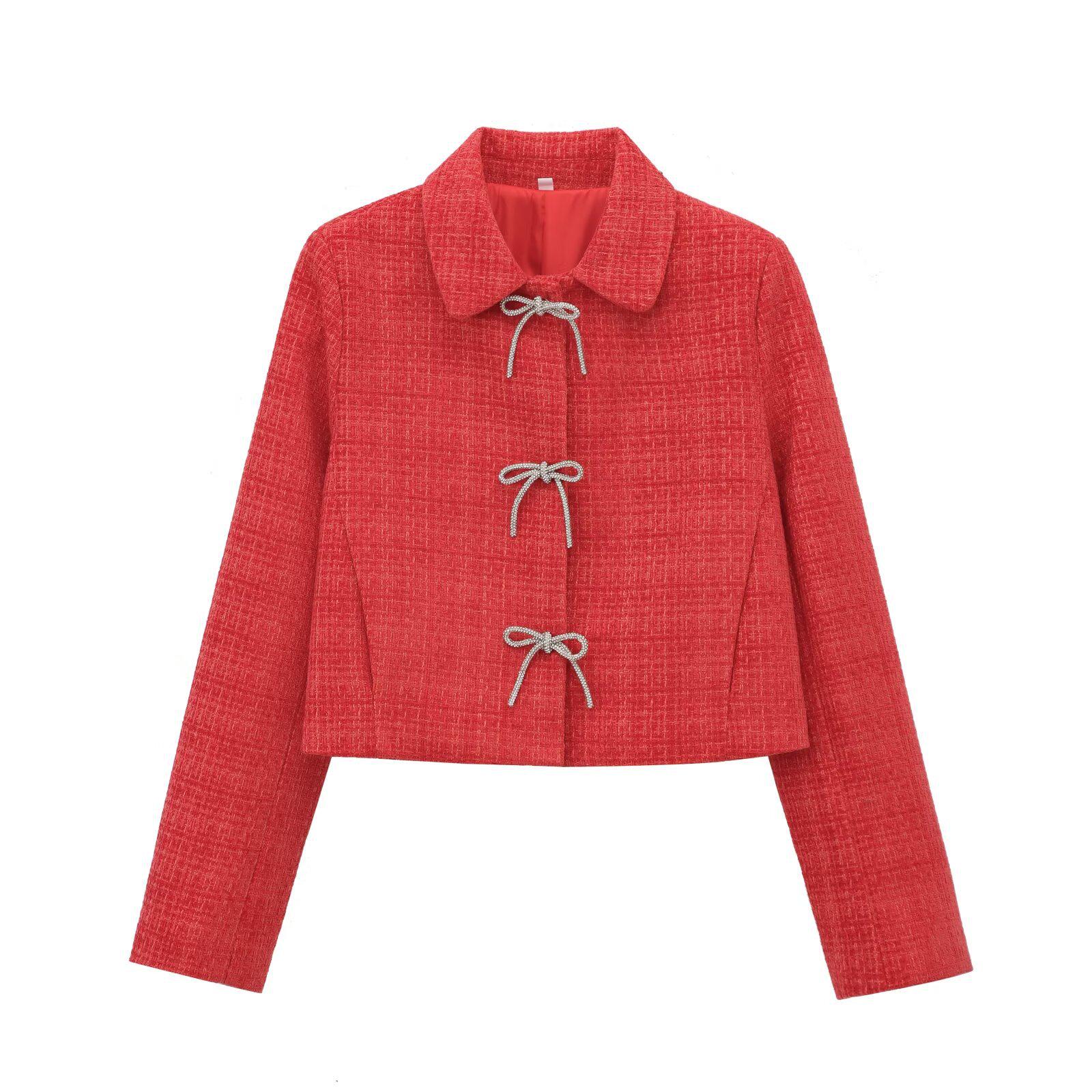 

Зимнее женское пальто 2024 года в европейском и американском стиле, модное текстурированное пальто с пуговицами-бантами Extra Small красный