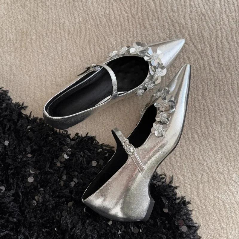 Fashion New Pointed Toe Sequin Flower Mary Jane Women's Shoes One Buckle Strap Shallow Mouth Inside Heighten Soft Sole Flat Single Shoes