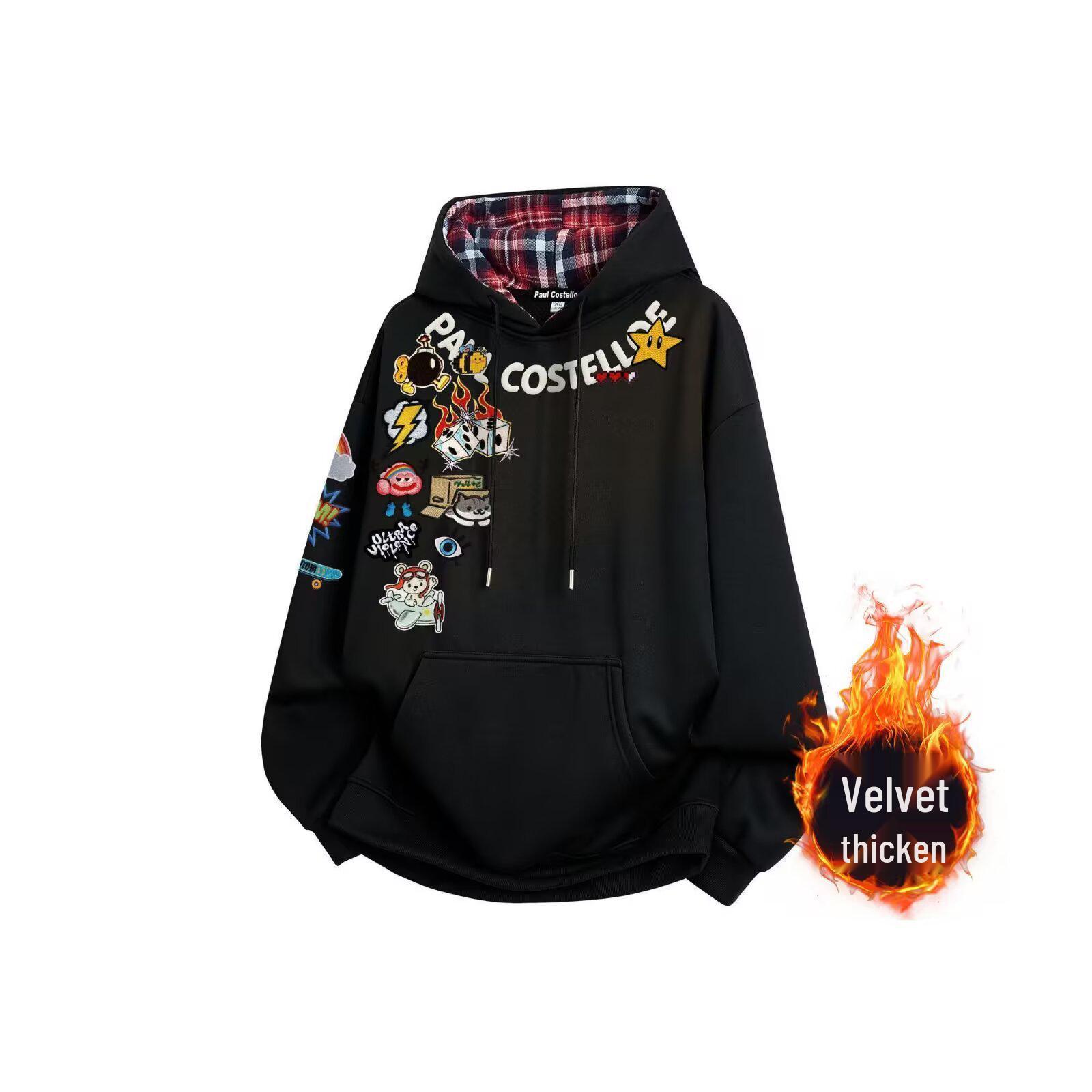 Unisex Retro Plaid Hooded Sweatshirt: Cool  & Versatile Outerwear for Autumn/Winter 3XL чёрный