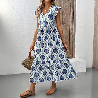 Women's Summer French Holiday Style Loose Deep V-neck Print Long Dress