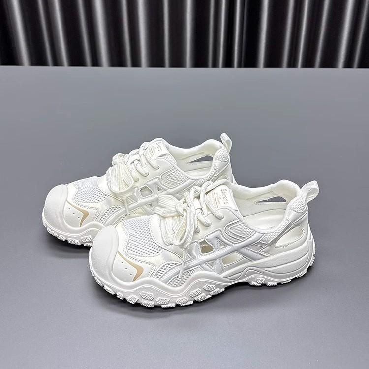 Leather mesh ugly cute dad shoes girl 2025 summer new thick-soled hollow thin breathable casual sports shoes tide
