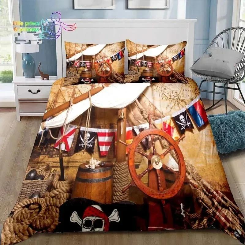 Vintage Pirater Sängkläder Set Enkel Tvilling Full Queen King Size Sängset Vuxna Pojkar Sovrum Pirater Skattkarta Sängkläder Gåva