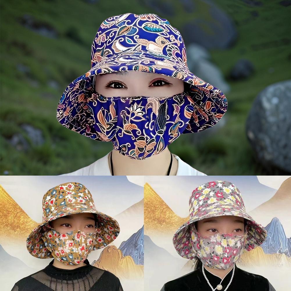 

Summer Sunscreen Printing Cap With Mask For Women Outdoor Sun Travel Fishing Wide Brim Sunhat B P5P3