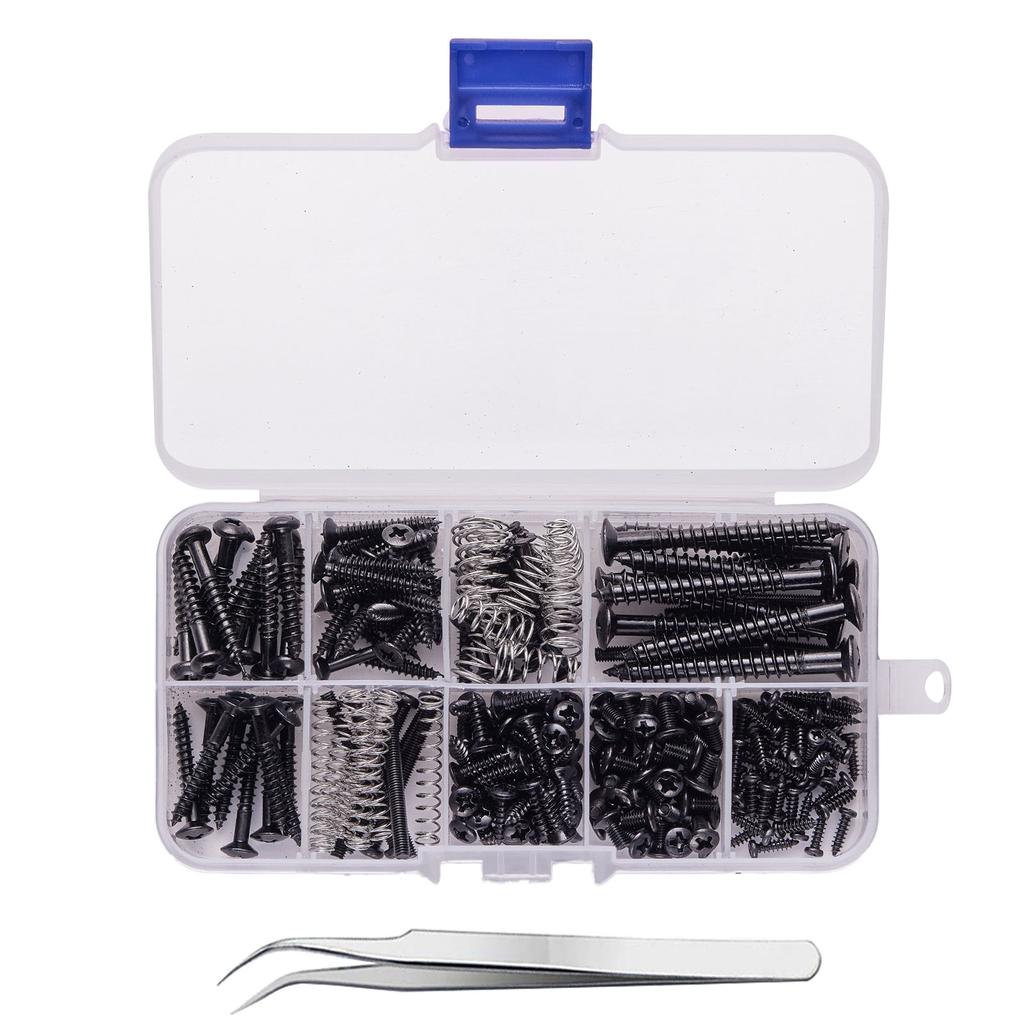Guitar Screws Assortment Box Kits for Electric Guitar Tuner, Switch, Neck Plate, with Springs, 9 Types, Total 173 Pieces