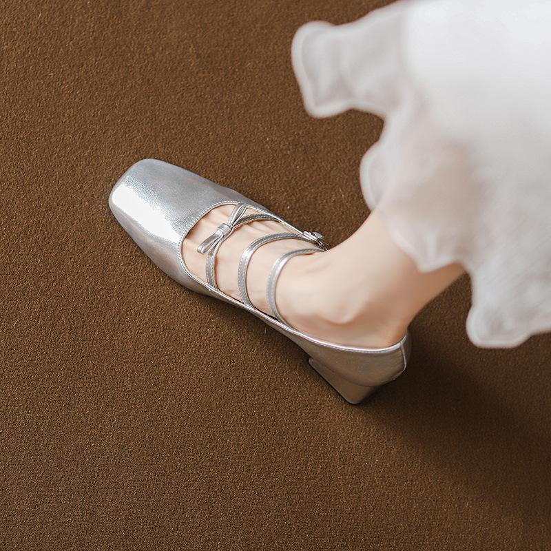 Elegant Thick Heel Square Head Mary Jane Shoes Fairy Style Gentle Single Shoes Children Spring and Autumn 2025 New Silver Double Buckle Belt