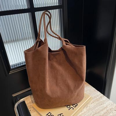 Retro Feminine Shoulder Bag with Suede Stitching  Solid Colors  Zipper  Casual  Versatile   High Capacity  Casual Bag