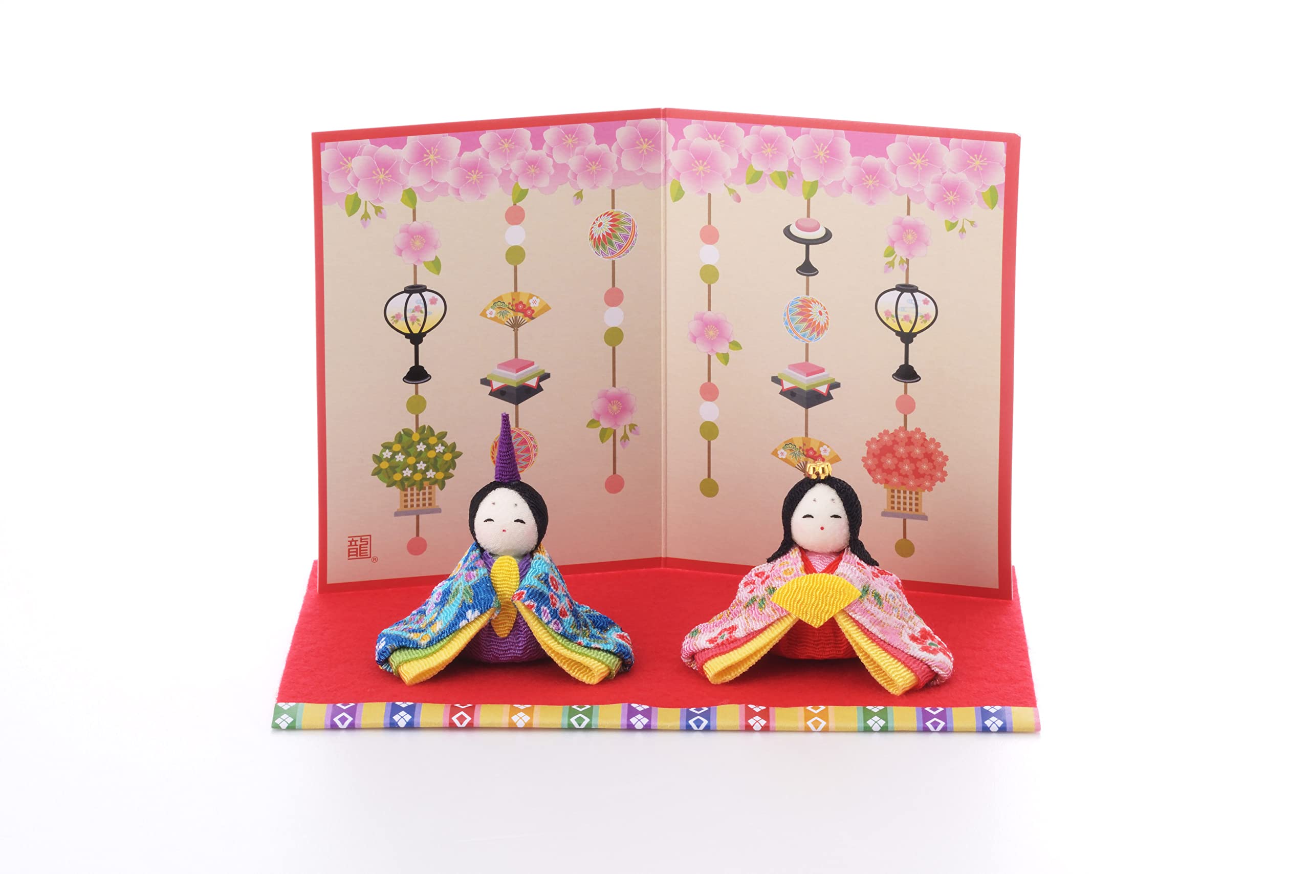 

Ryukodo Hina Dolls (Girls Festival Dolls) - Compact and elegant Kyoto Chirimen fabric folding screen. Doll dimensions: Approx. 3.8-4.0cm (depth) x 5.