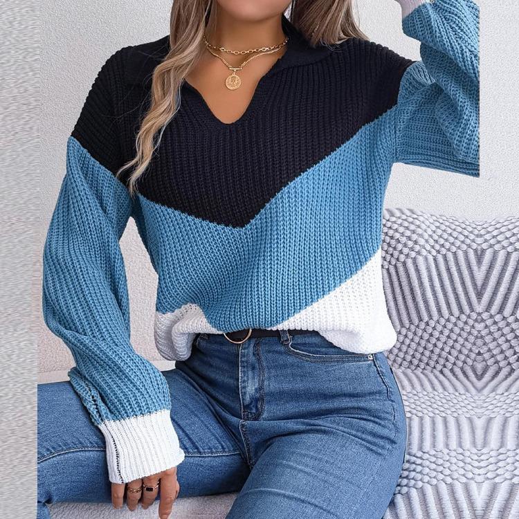 Women Casual Knit Pullover Sweater Autumn Winter Long Sleeve Polo Collar Contrast