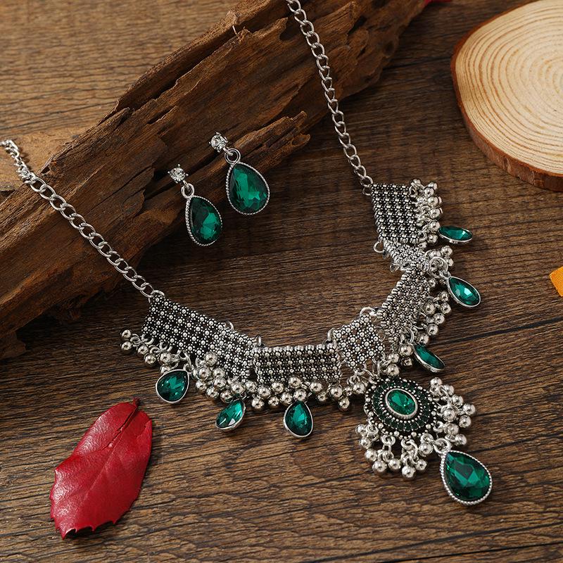 Bohemian Crystal Gemstone Tassel Necklace & Earring Set – European Ethnic Style