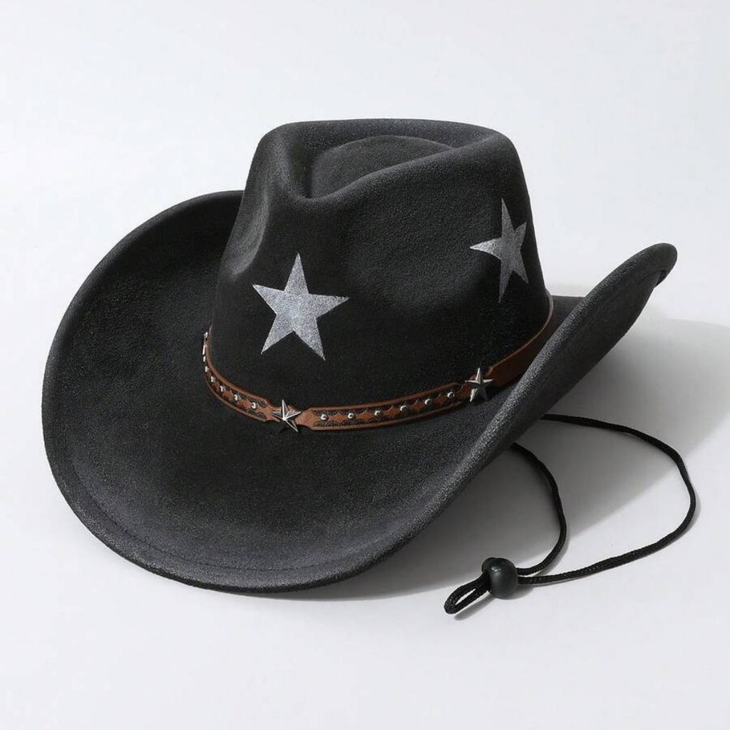 Western-style Tibetan Cowboy Hat for Men and Women, with Five-pointed Star Print, Faux Suede, Rivets, Wide Brim, Outdoor Riding Sun Protection Hat