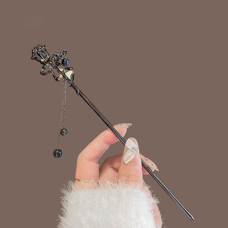 Vintage Schwarze Rose Quaste Haarstab Für Frauen Mädchen Mode Klassisch Metall Blume Hanfu Haarnadel Schmuck Haarschmuck