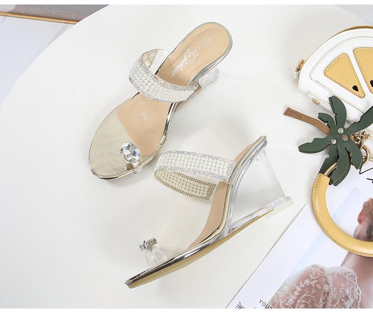 2023 Pearl Slope Heel New Sexy Crystal Transparent High Heels Glass Rhinestone Slope Heel Sandals Female LFD