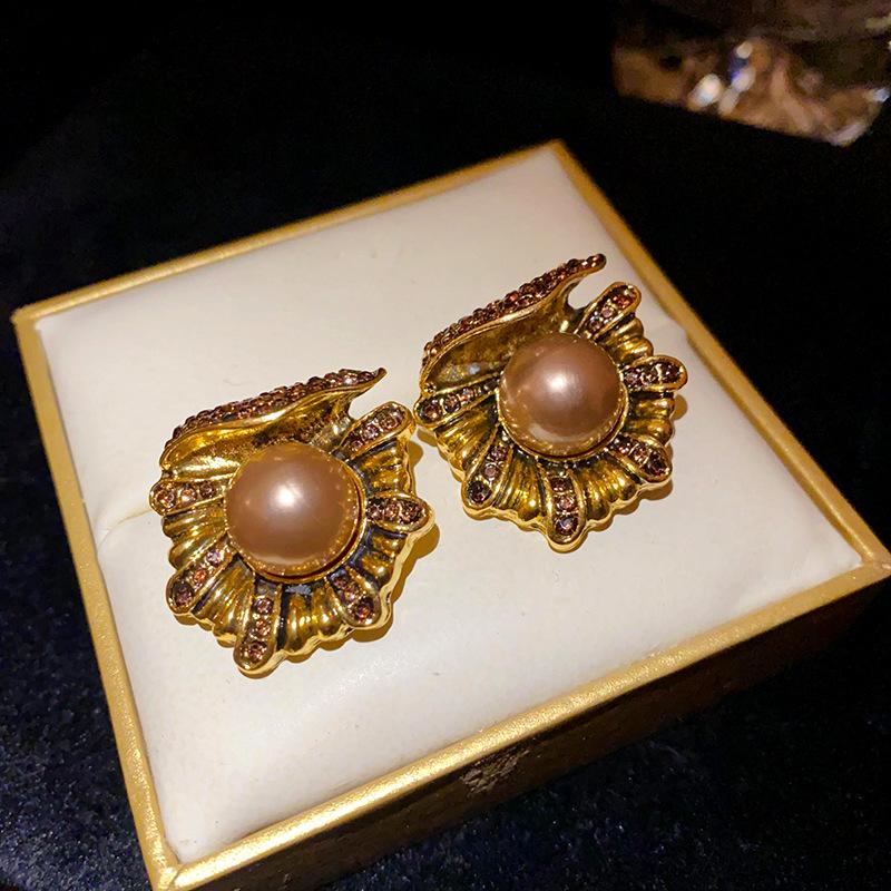 

Medieval vintage jewelry silver needle flower artificial pearl stud earrings court style retro design earrings women