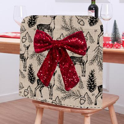 Christmas Chair Cover with Bowknot Decorative Winter Chair Back Cover Deer Print Festive Holiday Home Decor