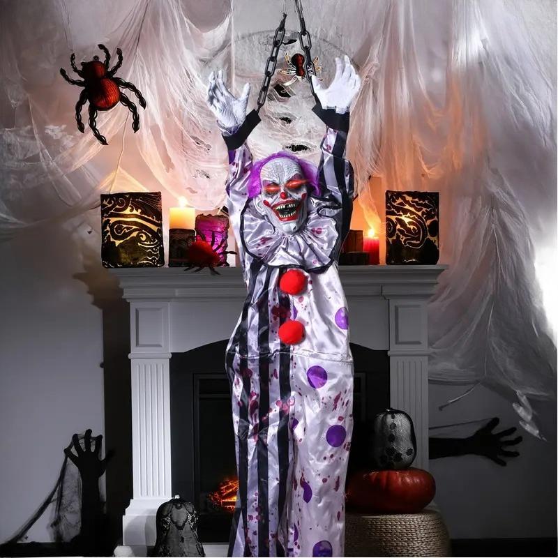 Halloween Animated Hanging Clown Decoration Glowing Eyes Creepy Sound Shaking Body Outdoor Haunted House Horror Prop 60 Inch