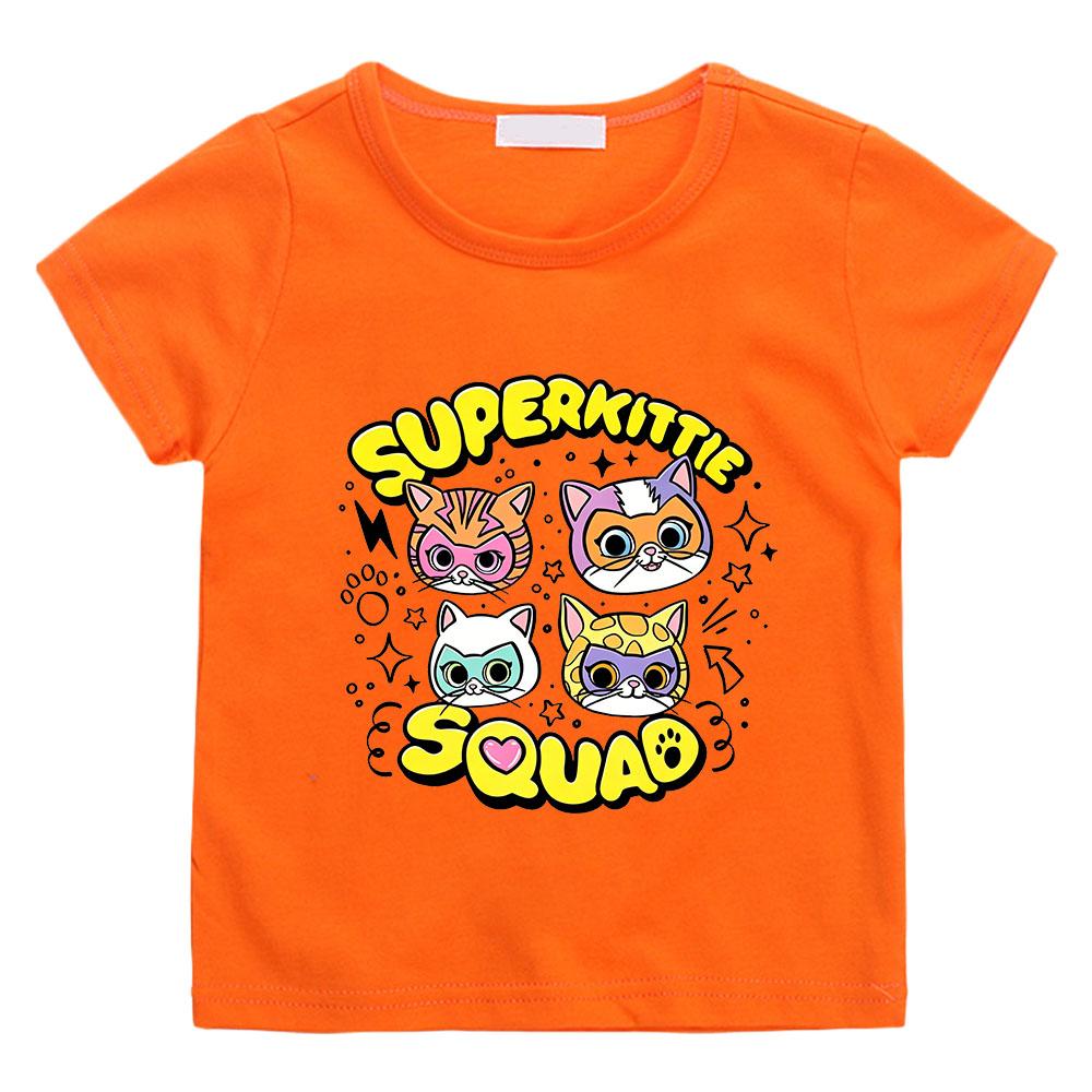Children's Cotton T-shirts SuperKitties Cartoon Print Kids Short Sleeve Cute Boys Girls 2-12Y Tees Casual Crew Neck Tops Summer