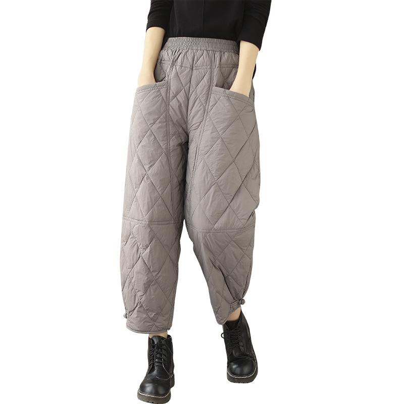 Winter Effen Kleur Ruitvormige Neergedrukte Broek Dames Winddicht en Warm Witte Eendendons Casual Broek