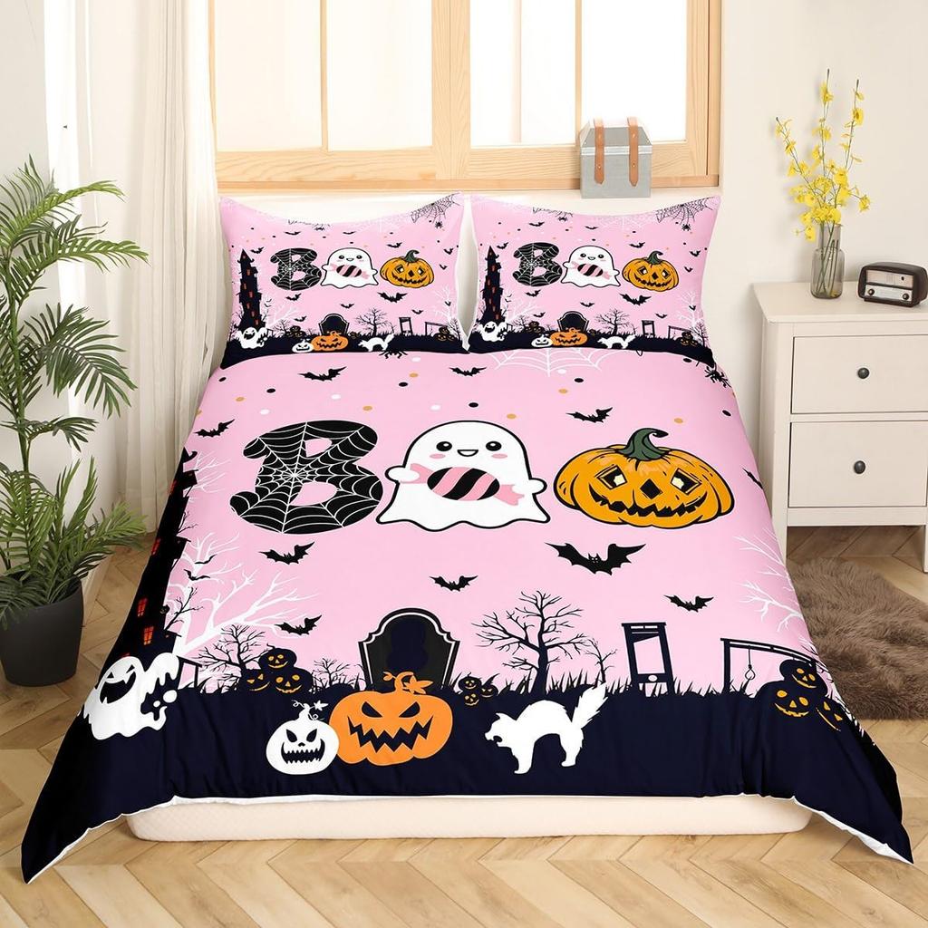 Pink Ghosts Duvet Cover Set Single Size Halloween Theme Bedding Set 2/3pcs Kids Girl Room Decor Gothic Skull Spider Bat Pumpkin