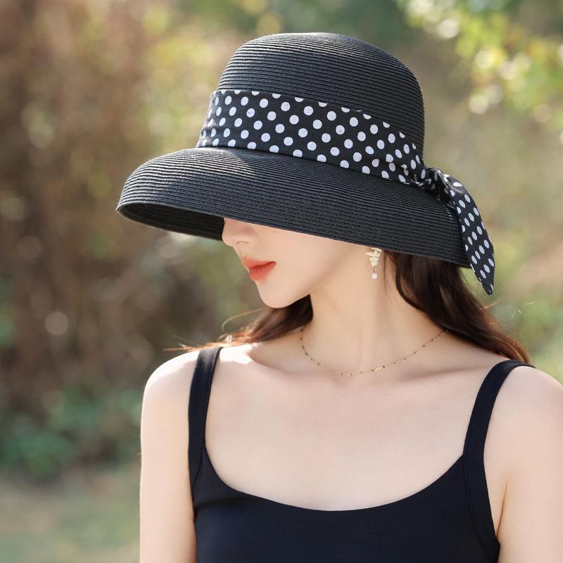 Sommar Ny Hatt Dam Polka Dot Streamer Solhatt Hepburn Stil Lafite Stråhatt Rese Solhatt