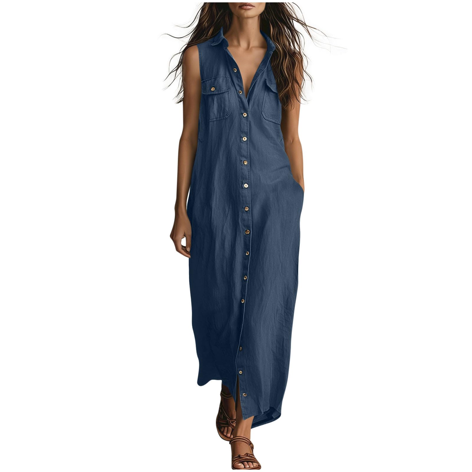 

Women s Fashionable Lapel Button Loose Bohemian Vacation Beach Dress With Pockets M тёмно-синий