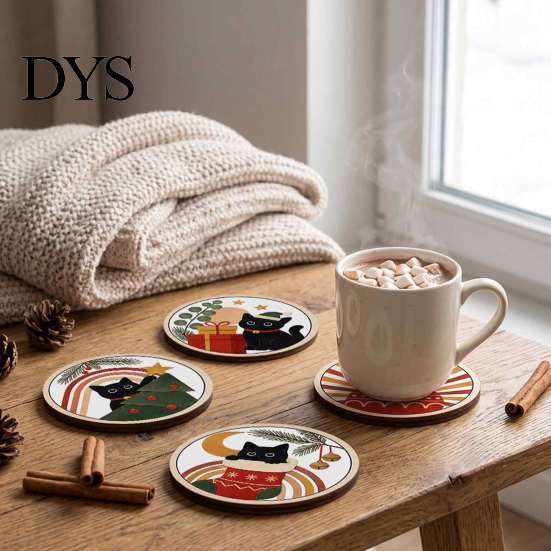 Stackable Coaster Set 4PCS Black Cat Acrylic Coasters, Christmas Festive Tabletop Coffee Table Protection Pads Mats, Non-Slip Rounded Coasters