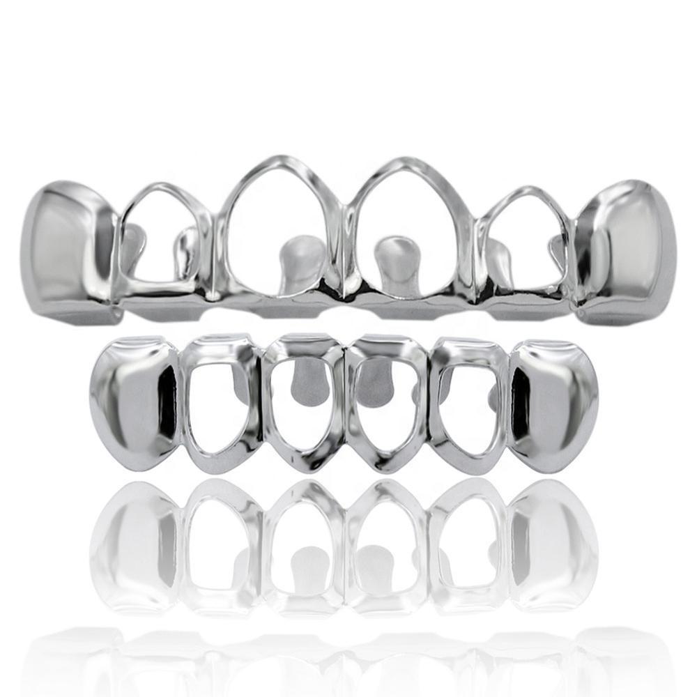 S925 Sterling Silver Hip Hop Teeth Grillz for Teeth Fashion Top Bottom Hollow Tooth Dental Grills for Unisex Jewelry Party Gifts