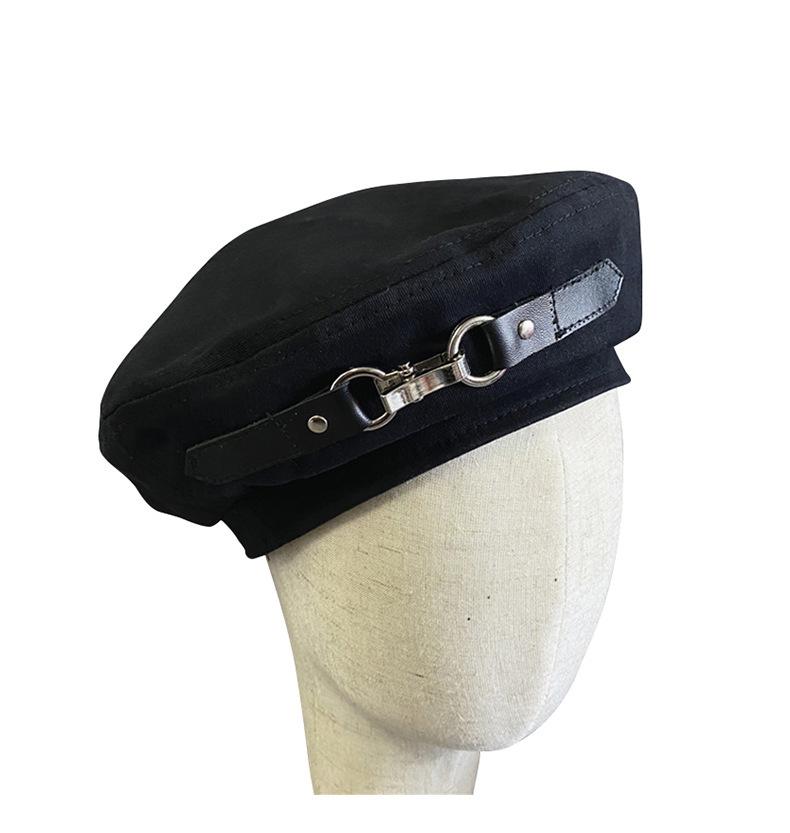 Hat women's new leather buckle design windproof beret metal warm painter hat navy hat octagonal hat