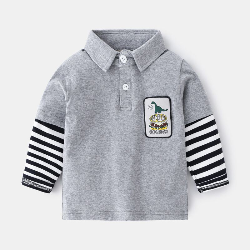 Boys' Fake Two-Piece Tops, Spring and Autumn Children's Clothing, Kids' Polo Shirts, Dinosaur Long-Sleeve T-Shirts, Baby Boys' Collared Shirts