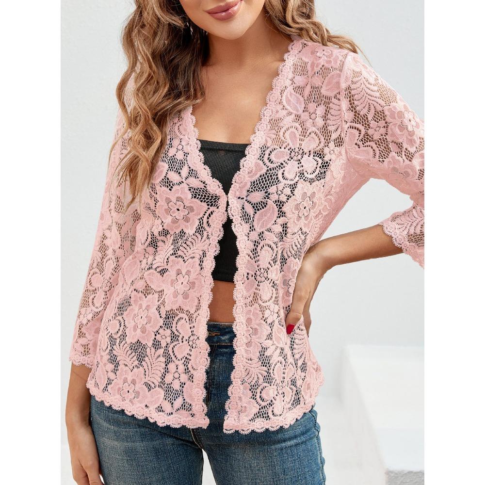 Nový volný a všestranný plus-size krajkový top s ochranou proti slunci a průsvitným kardiganem s výstřihem