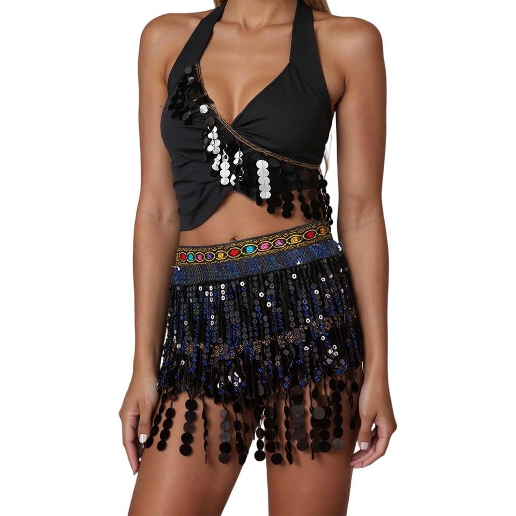 2 Pieces, Bra With Sequined Tassels, Fringed Top, Belly Dance Skirt, Carnival, Club, Costumes