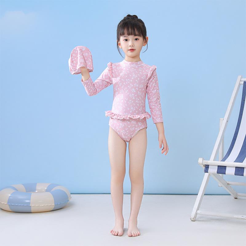 

One-piece Kids Swimming Suit Long Sleeve Hat+Romper Matching Baby Girls Swimwear Seaside Clothes Casual Children Bathing Suits L(100)