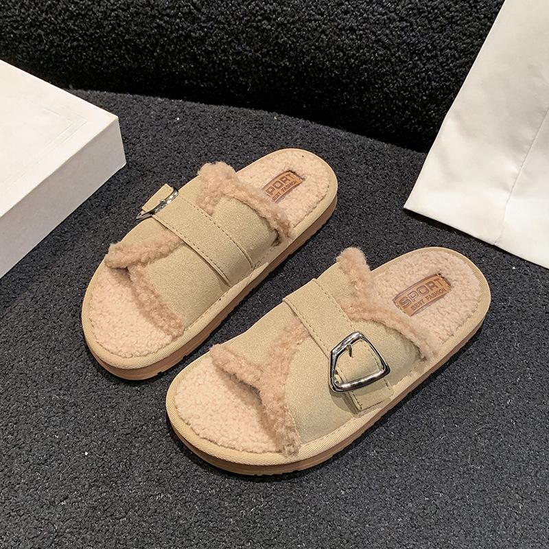 

Casual open-toed thick-soled fluffy slippers women s home shoes 2025 summer outer wear Korean version belt buckle round head slippers women 40
